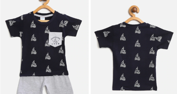 Boys Navy Blue & Grey Melange Nautical Print T-shirt with Shorts